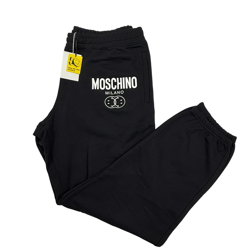Moschino Milano Couture Black Organic Cotton Double Smile Logo Sweatpants 56 NEW